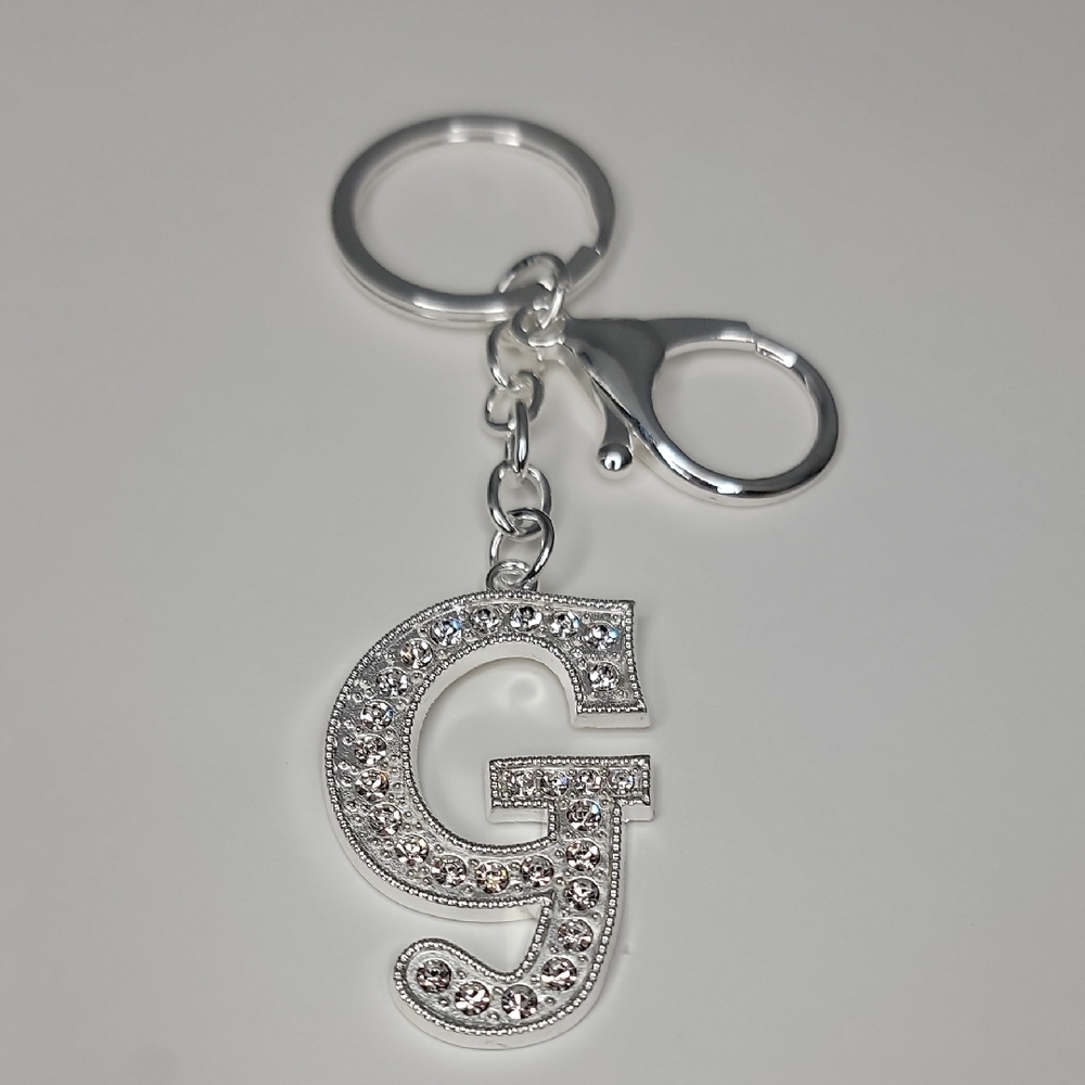 Letter G Initial G Alphabet G Rhinestone Silver Key Chain Bag Charm